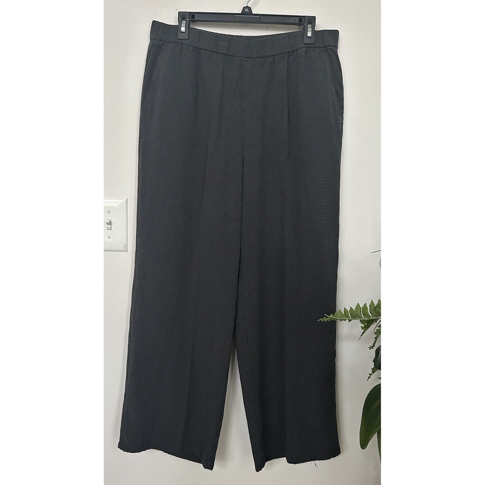 EILEEN FISHER Gauzy Gray Black Gingham Stretch Wide Leg Elastic Waist Pants Sz L